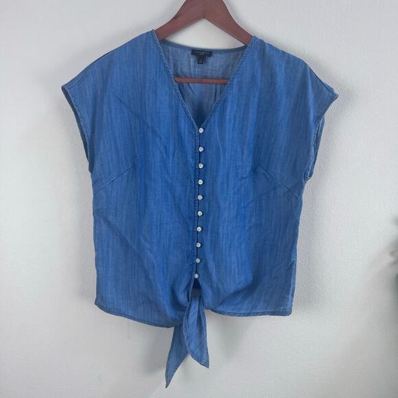 Talbots Women's V-Neck Cap Sleeve Denim Casual Button Up Shirt Blue Size Small - Picture 2 of 8